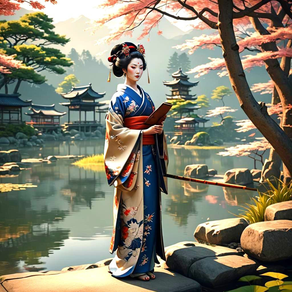 Geisha by Lake in Ancient Japanese Scroll Style