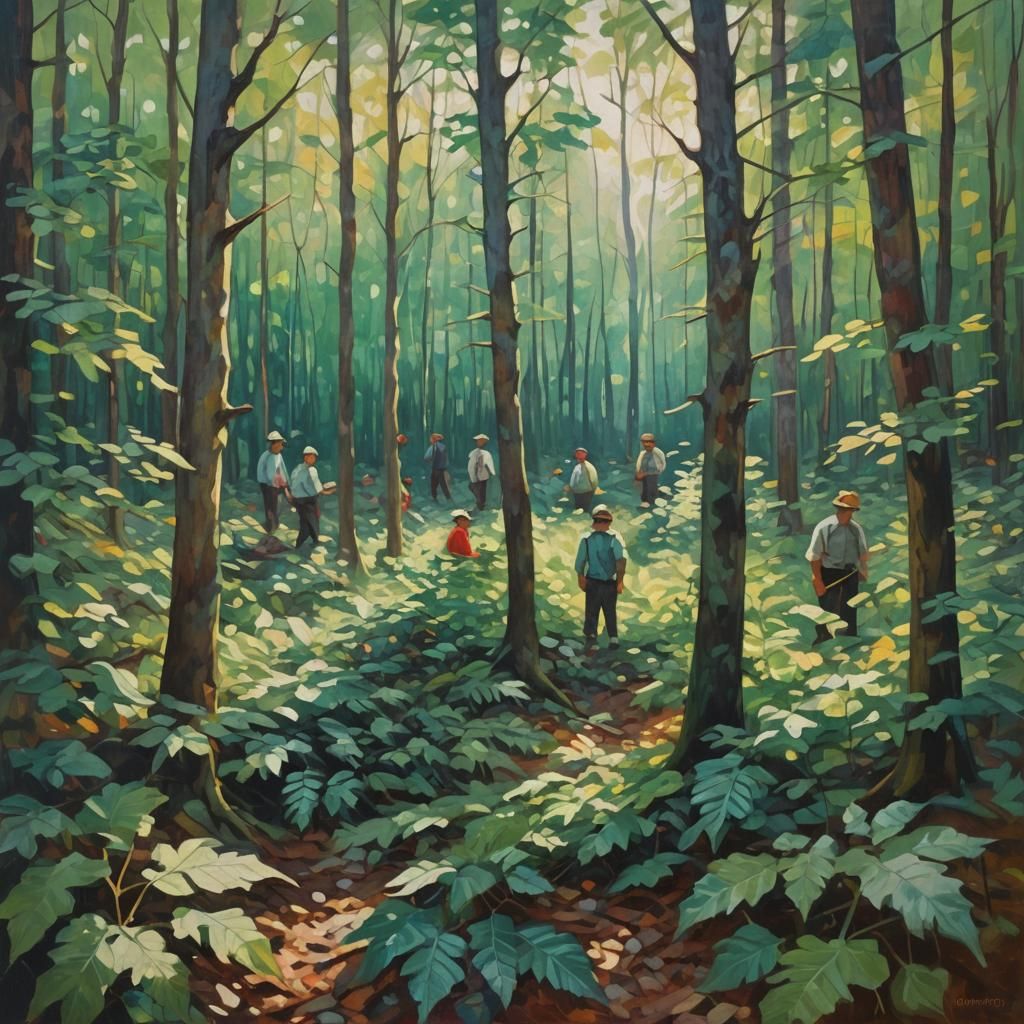 Abstract Impressionist Painting of Figures in Forest