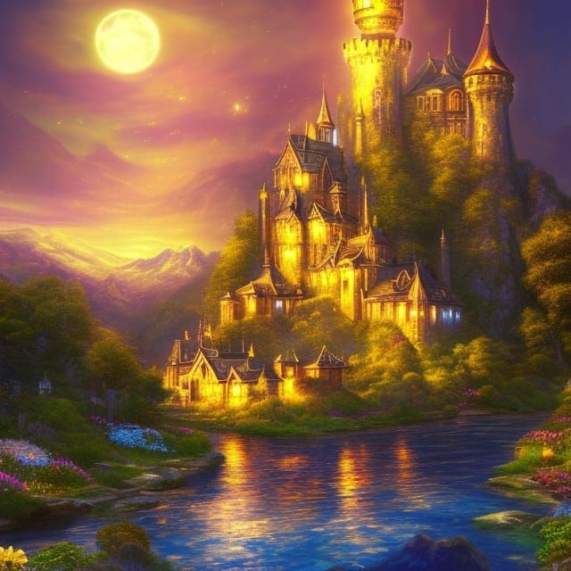 Fantasy Castle with Golden Tower, Detailed Matte Painting