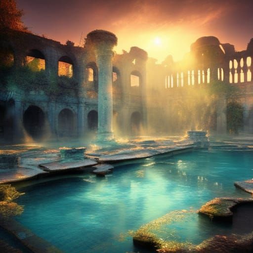 Ethereal Ancient Ruin Reflecting in Water, Impressionistic S...