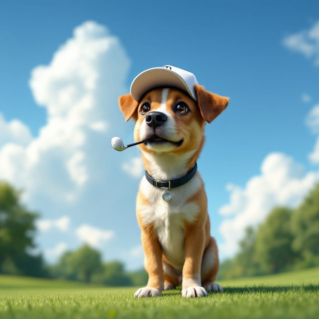 Realistic Golfing Dog in Cinematic Sunset