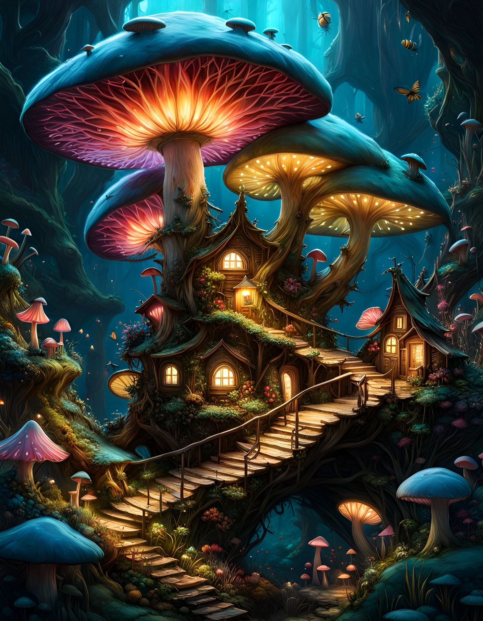 Mushroom Fairy Village in Bioluminescent Flower