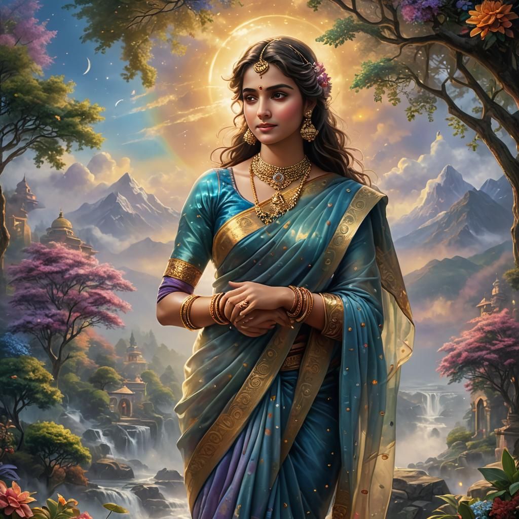 Ethereal Woman in Sari: Hyperrealistic Fantasy Portrait