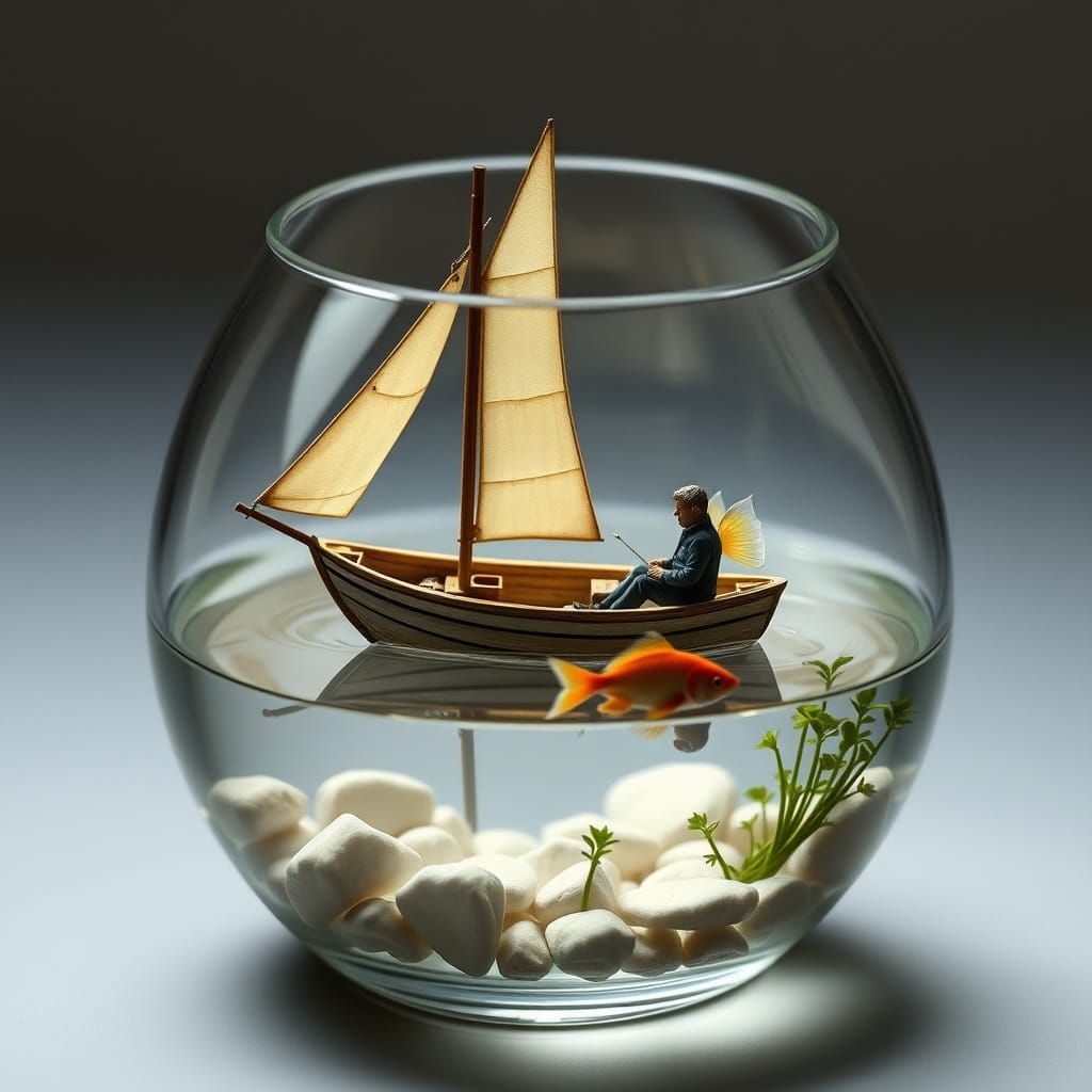 A Man Waits Patiently for a Fish to Bite in a Miniature Ecos...