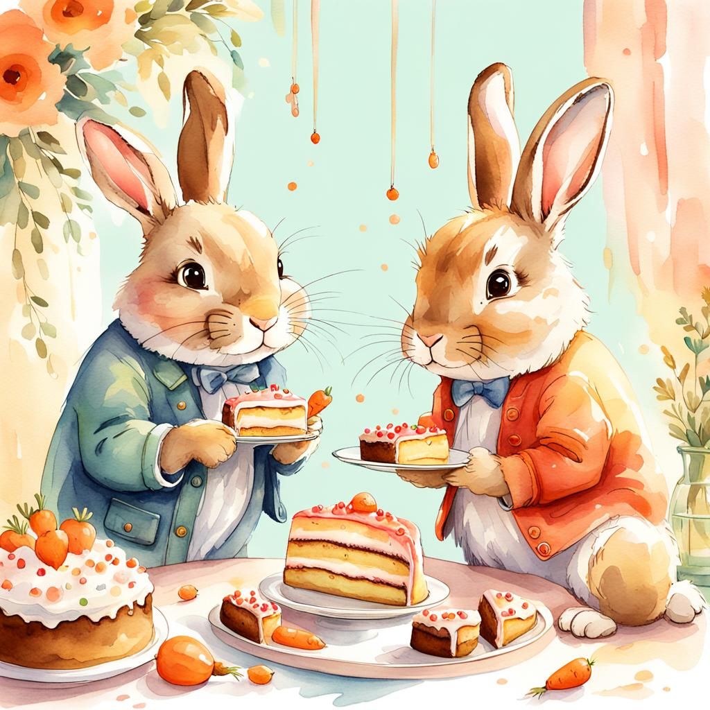 Bunnies Sharing Carrot Cake: Whimsical Watercolor Art