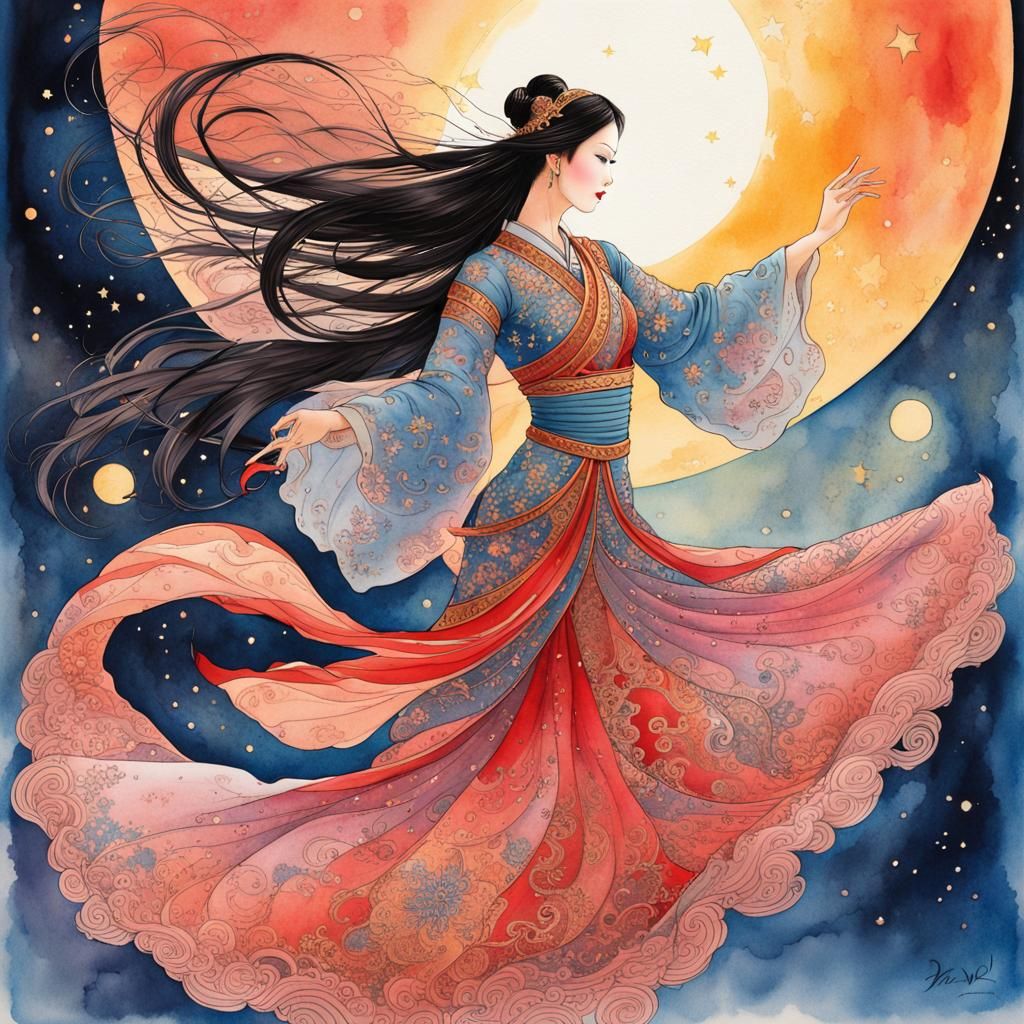 Asian Warrior Princess Dancing in Moonlight