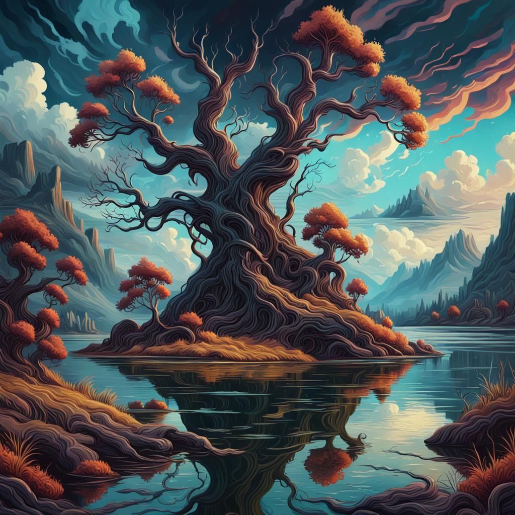 Psychedelic Tree Oil Painting with Lake
