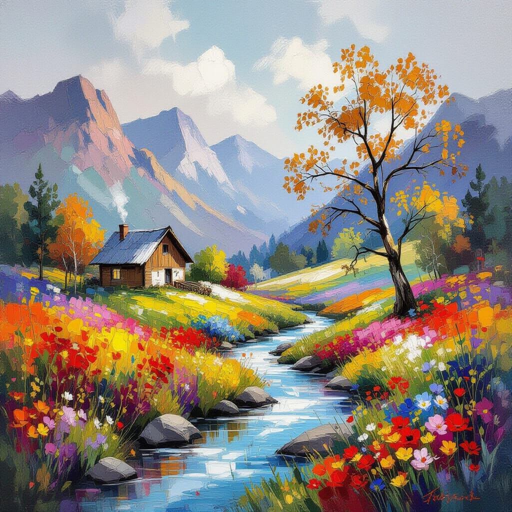Autumnal Landscape Painting with Rustic House