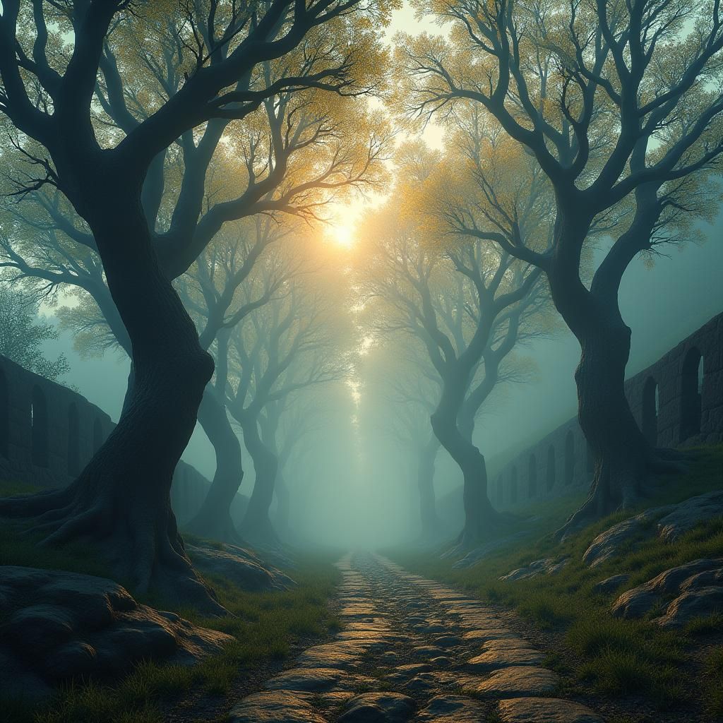 Mystical Apple Orchard Landscape in Fantasy Style