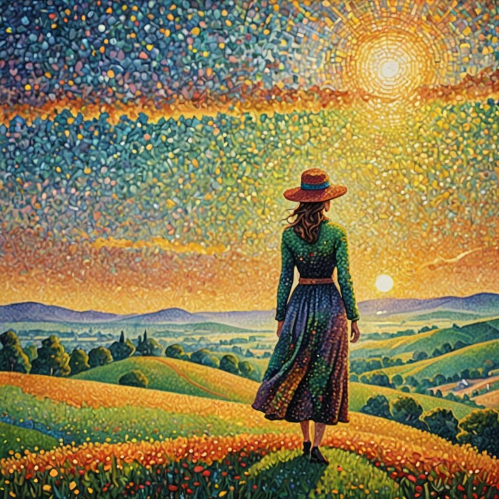 Woman on Hill in Pointillism Art Style