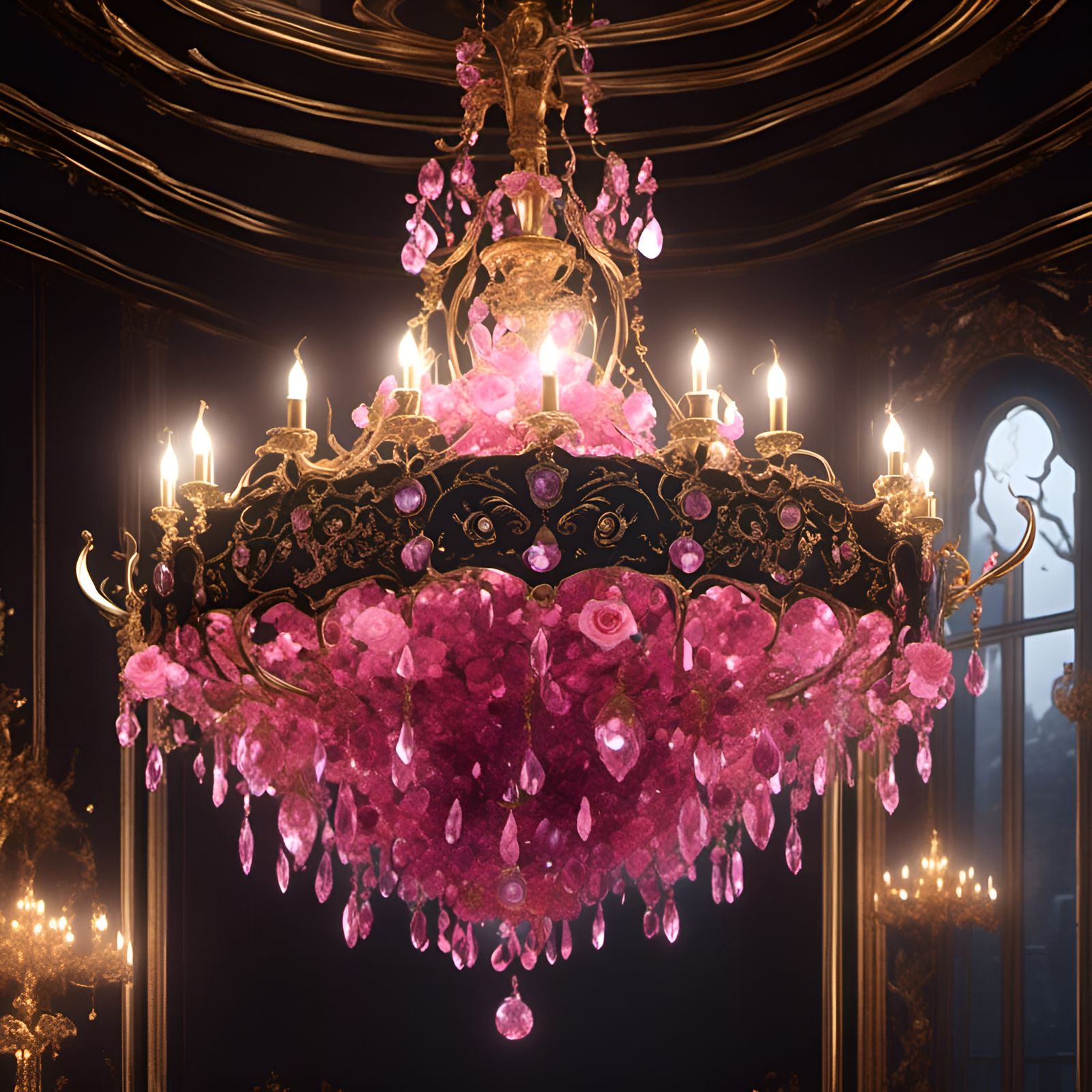 Giant Chandelier with Black and Pink Crystals