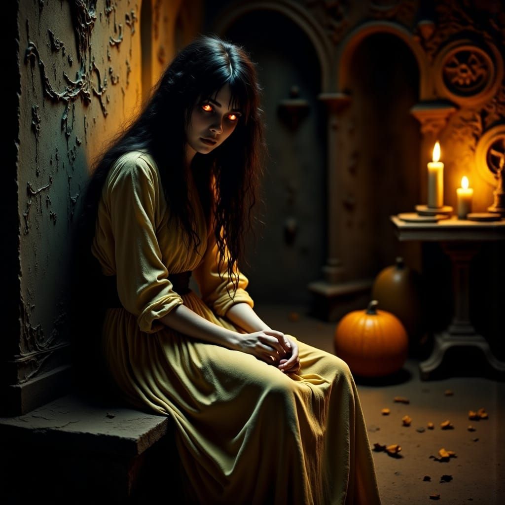 Woman in Tattered Dress Sits in Haunting Dark Cellar Scene