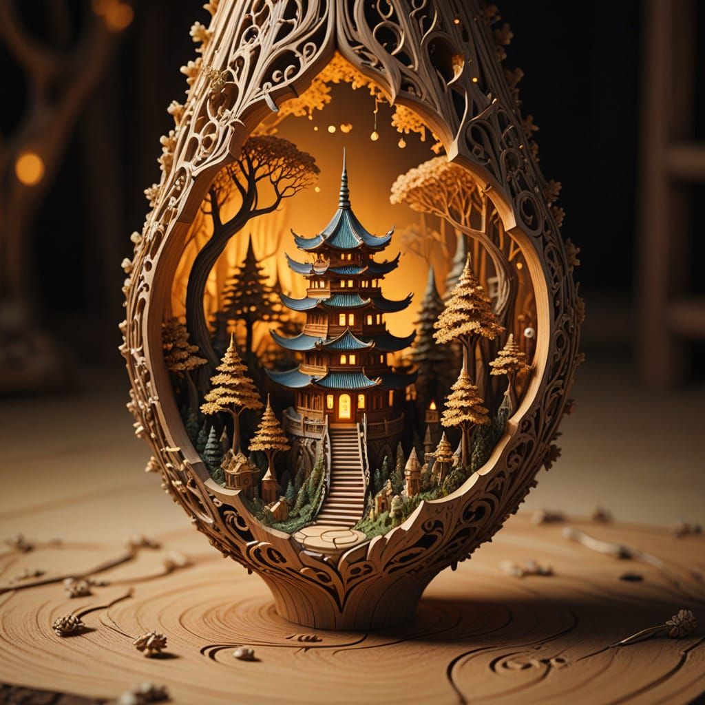 Miniature Pagoda Inside Giant Pencil, Golden Glow