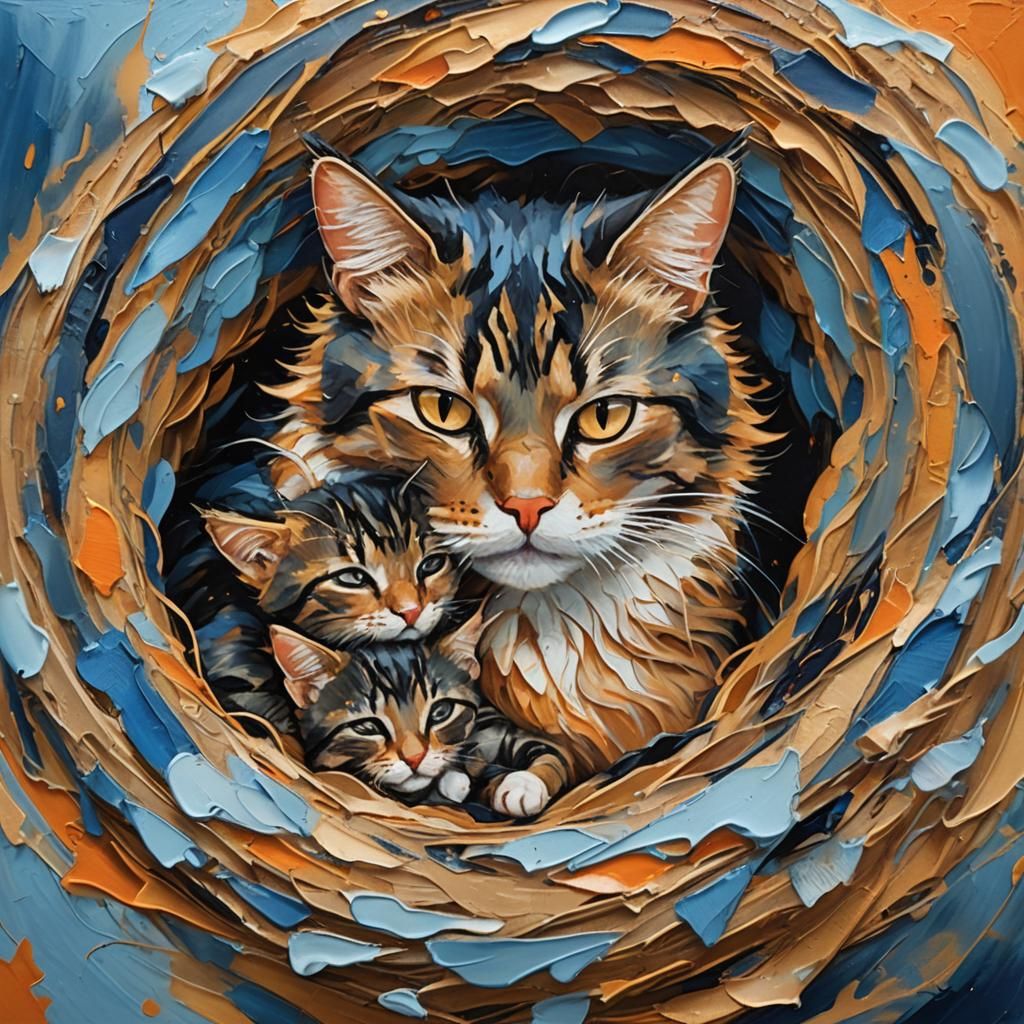 Abstract Expressionist Cat Protecting Kittens in Nest