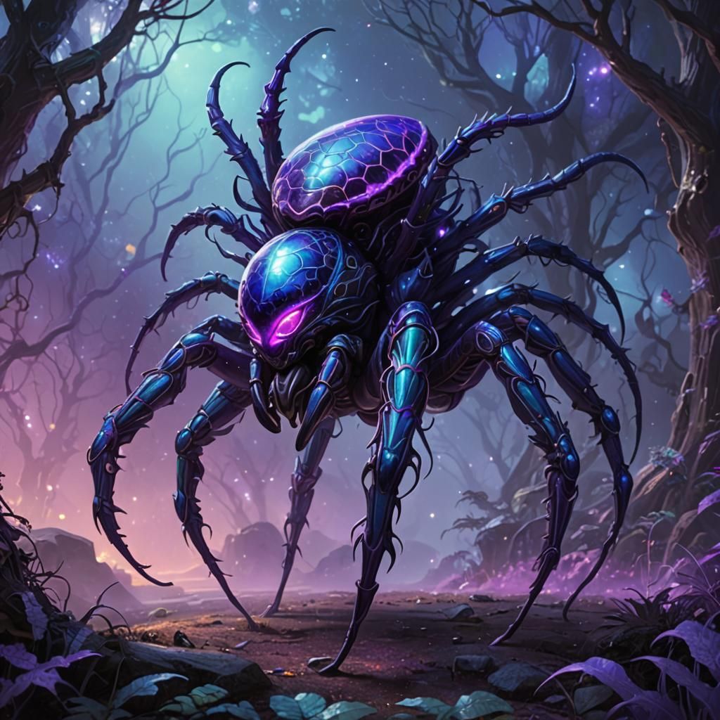 Alien Spider in Bioluminescent Alien Landscape