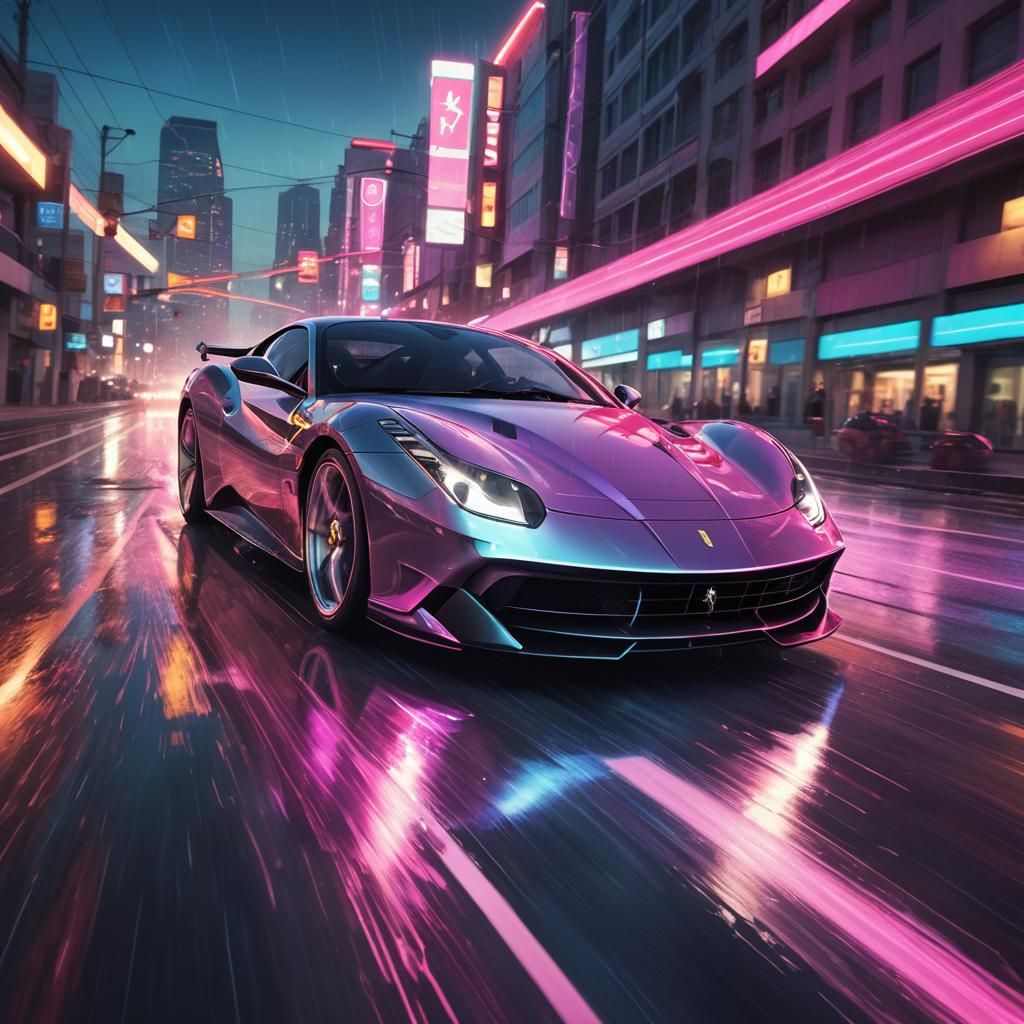 Futuristic Ferrari Races Down Neon Highway