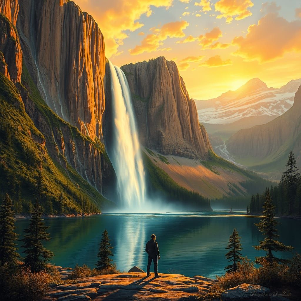 Waterfall Landscape Painting in Bierstadt Style