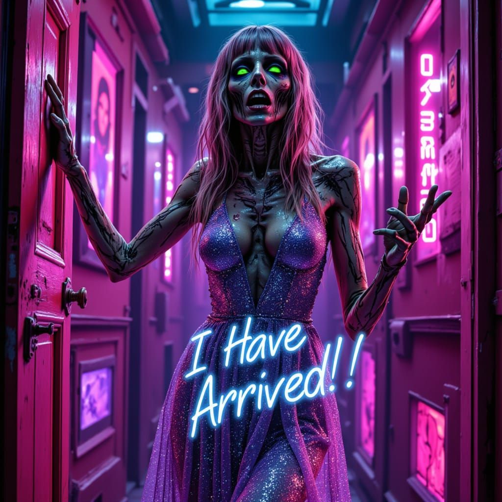 Fashion Model Zombie Enters Cyberpunk Room in Sparkly Gown