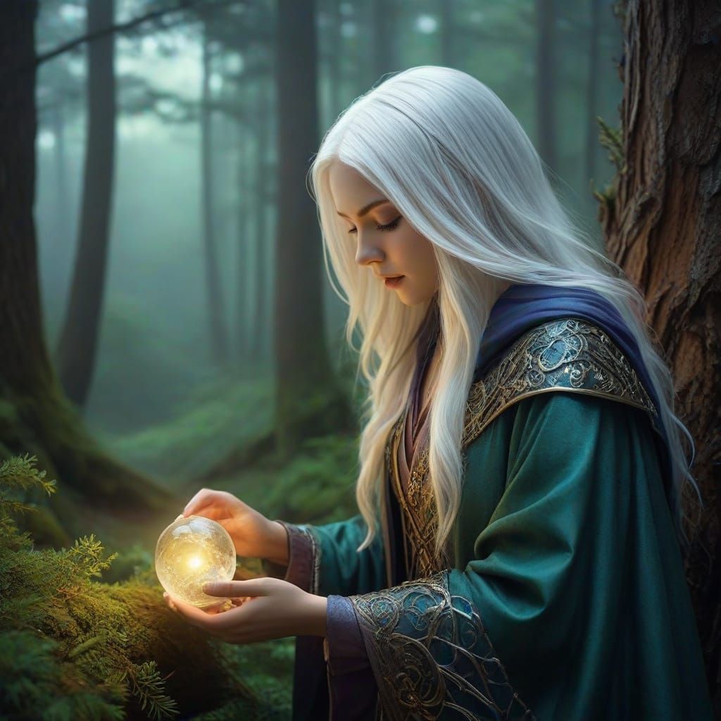 Ethereal Goddess Touches Glowing Stone in Enchanted Pine For...