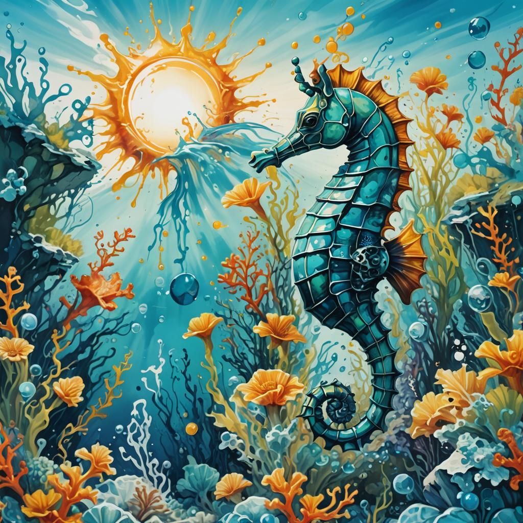 Seahorse in Turquoise Sea: Graffiti Splash Art
