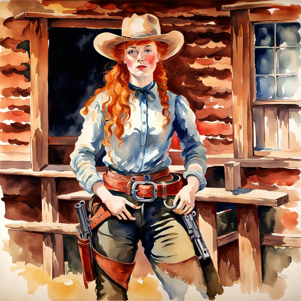 Redhead Cowgirl in Saloon: Impressionistic Watercolor