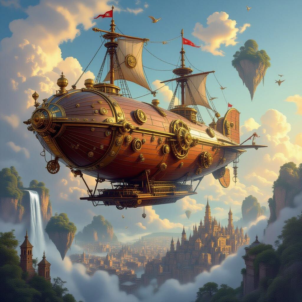 Steampunk Airship Soaring Through Floating Islands