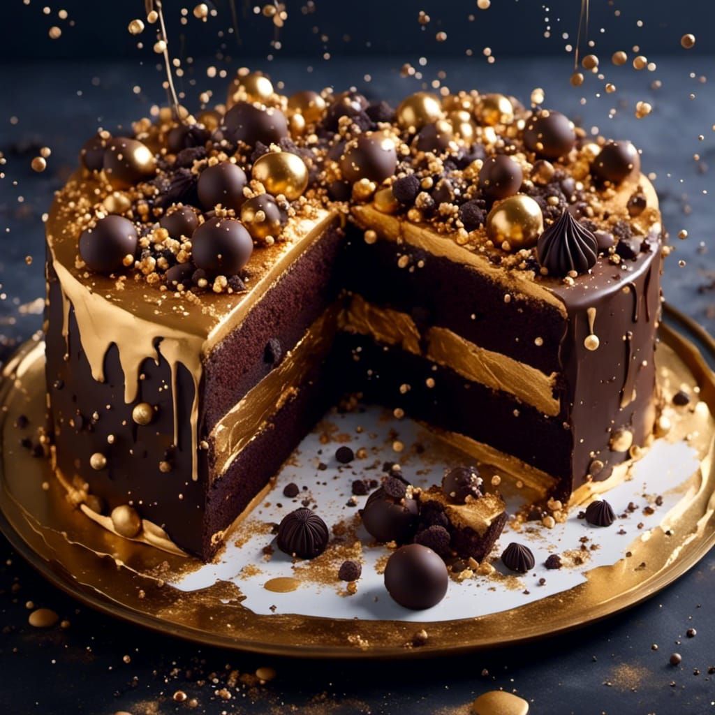 Truffle Cake with Gold Bubbles in Splash Art Style