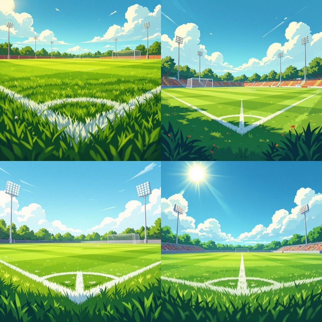 Cheerful Cartoon Football Field Under Blue Sky