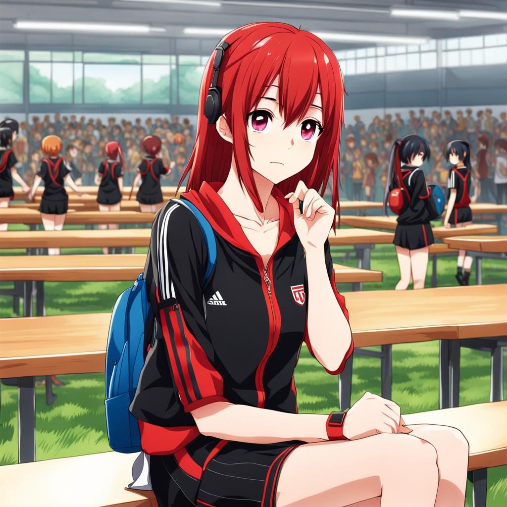 Anime Schoolgirl with Red and Black Hair