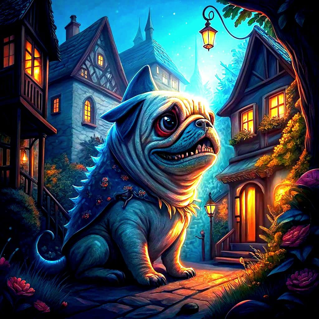 Half-Pug, Half-Shark Creature in Mystical Town
