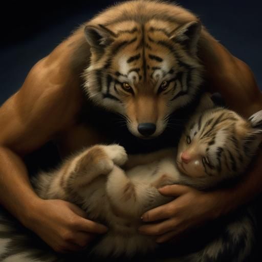 Anthropomorphic Wolf Protects Leopard Cub