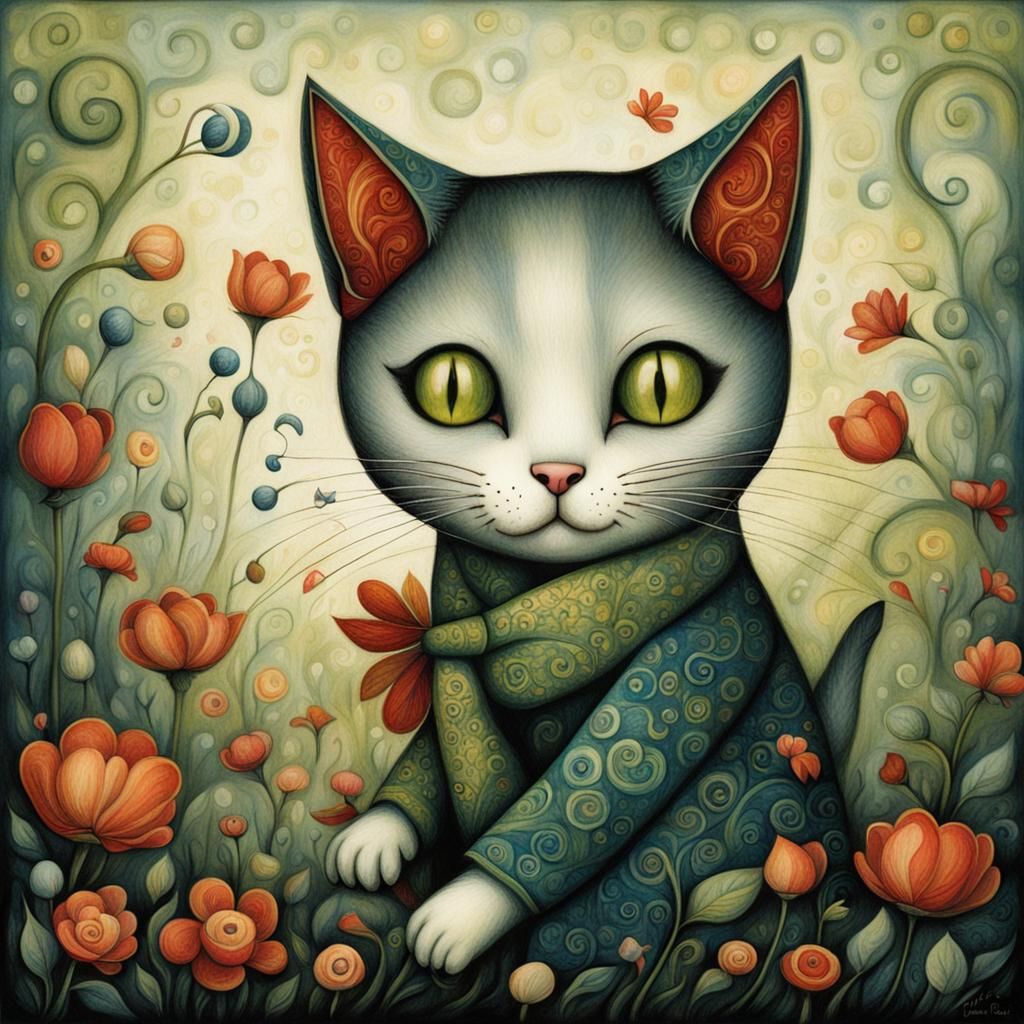 Cute Cat in Dark Fantasy Art Nouveau Style
