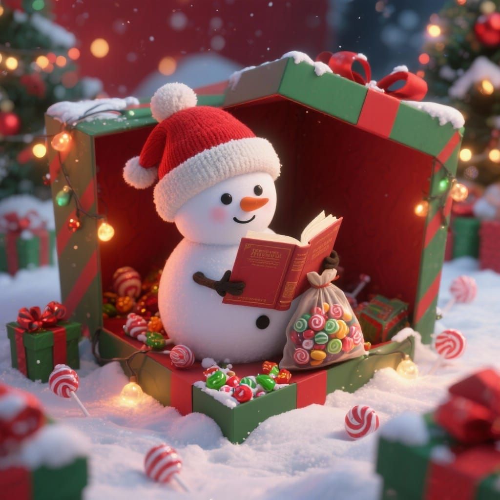 Cute Snowman in Gift Box with Book and Candy