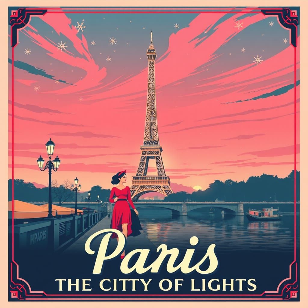 Paris Travel Poster with Eiffel Tower in Art Deco Style