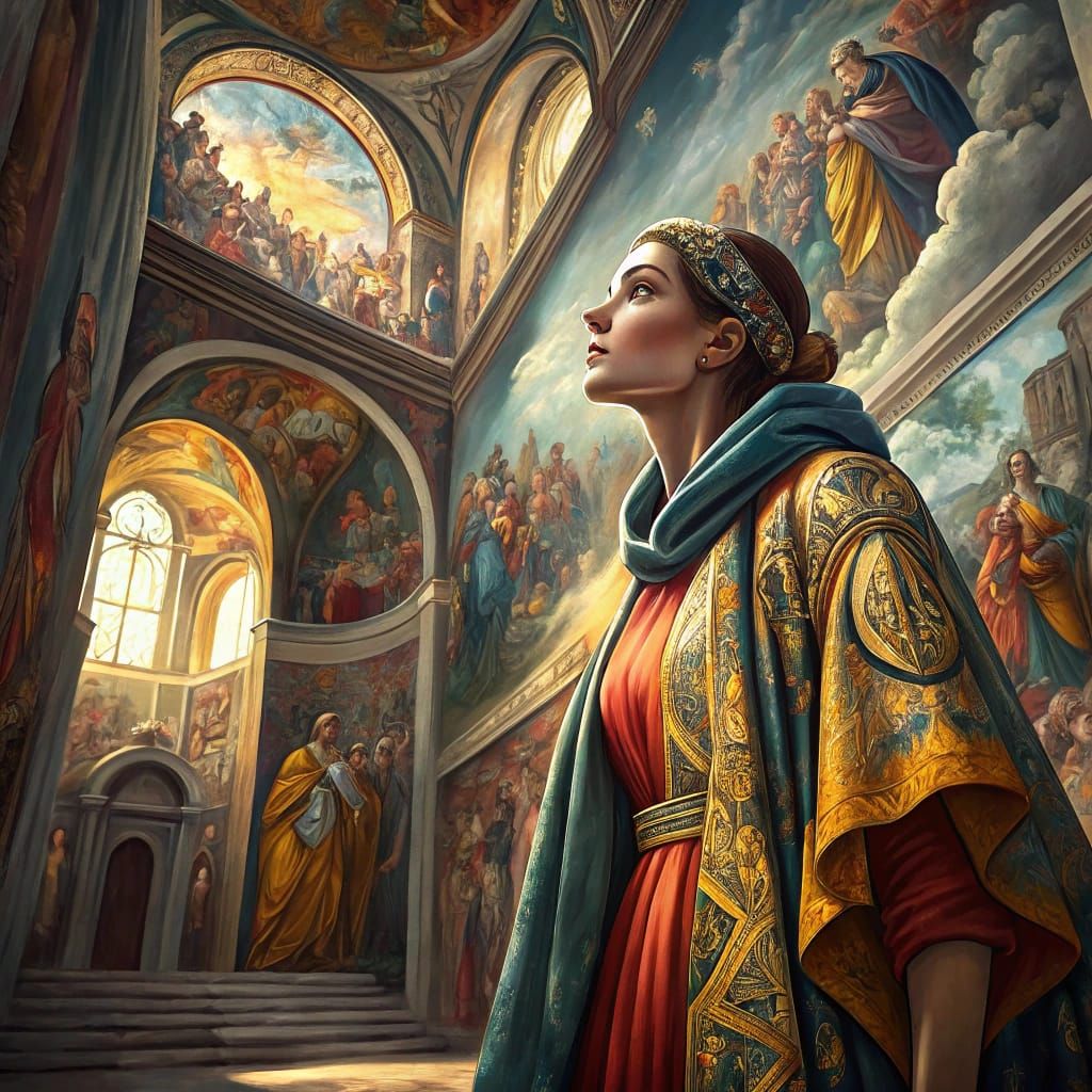 Woman in Chapel: A Fresco-Style Biblical Scene