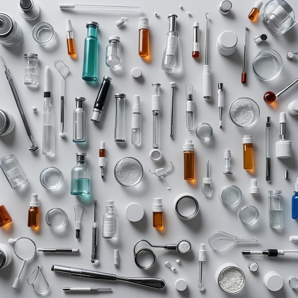 Pharmaceutical Instruments on Glass Table, White Background