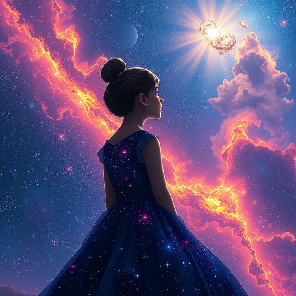 Girl in Starry Dress Contemplates Universe