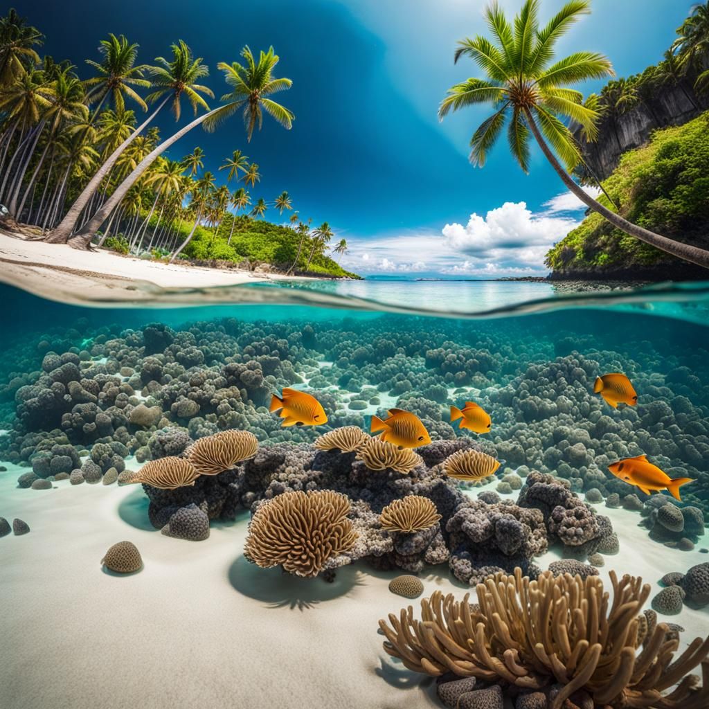 Surreal Tropical Island Paradise: Split Shoreline View