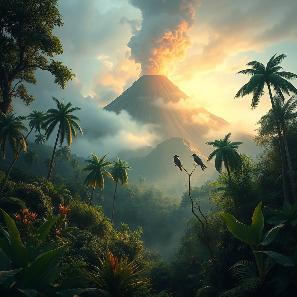 Mystical Jungle Paradise with Volcanic Eruption