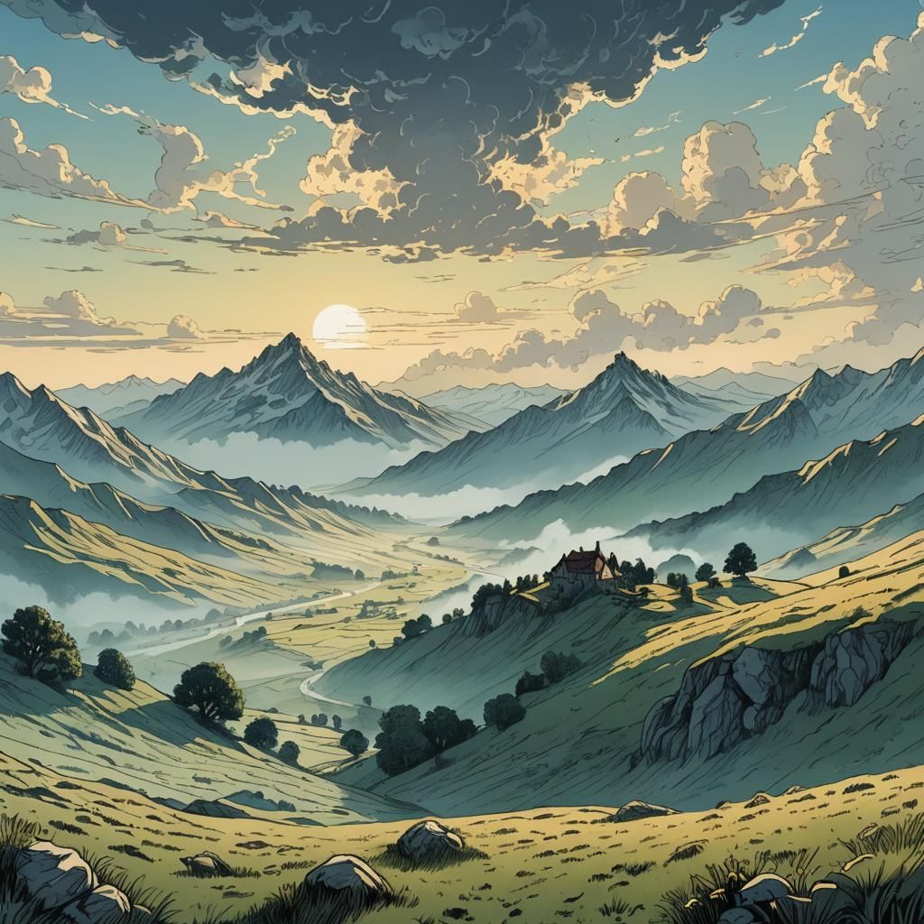 Misty Meadow at Dawn: A Surreal Illustration