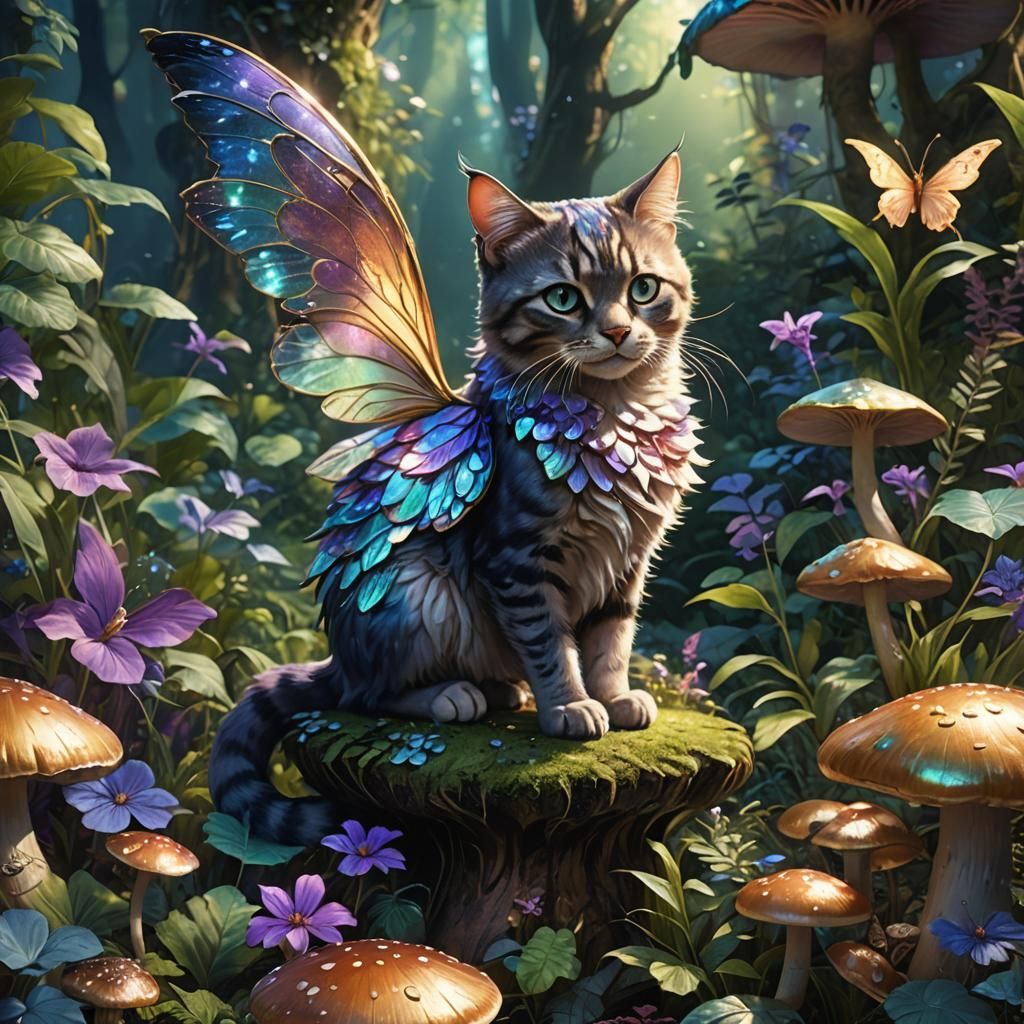 Whimsical Cat with Fairy Wings in Digital Art