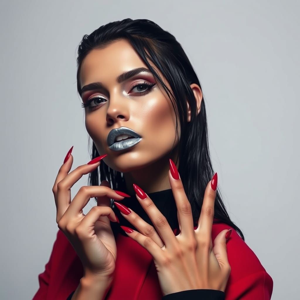 High Fashion Portrait with Silver Lipstick and Red Nails