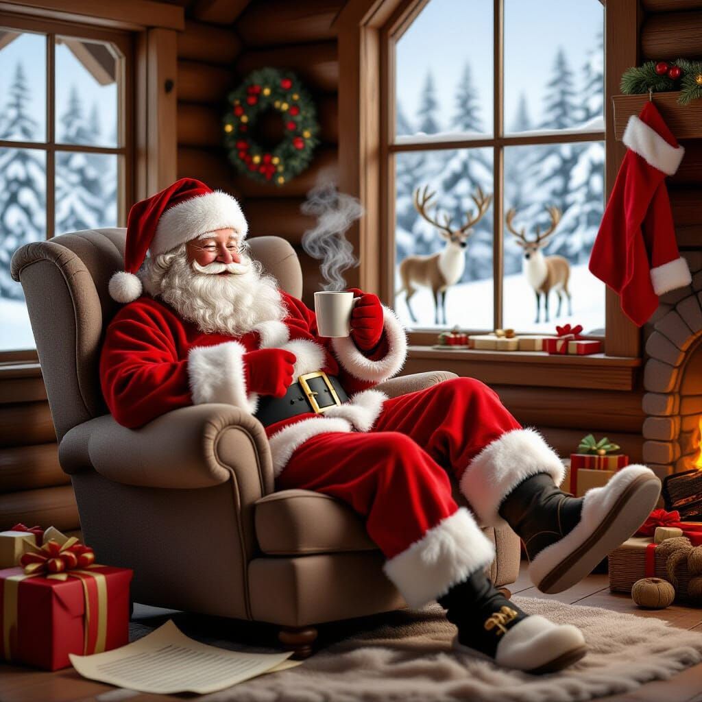 Santa Claus Relaxing in Cozy Cabin After Holidays