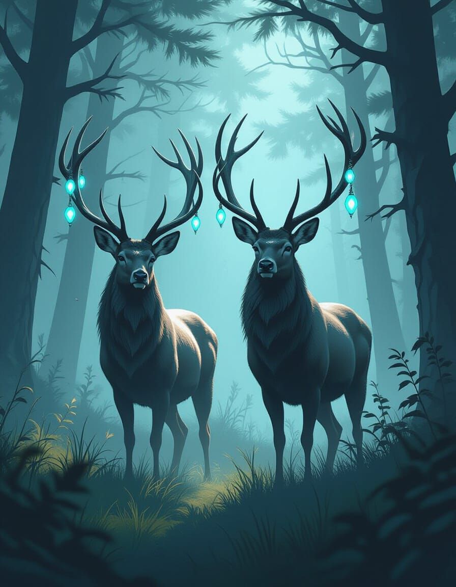Majestic Stags with Turquoise Antlers in Mystical Forest
