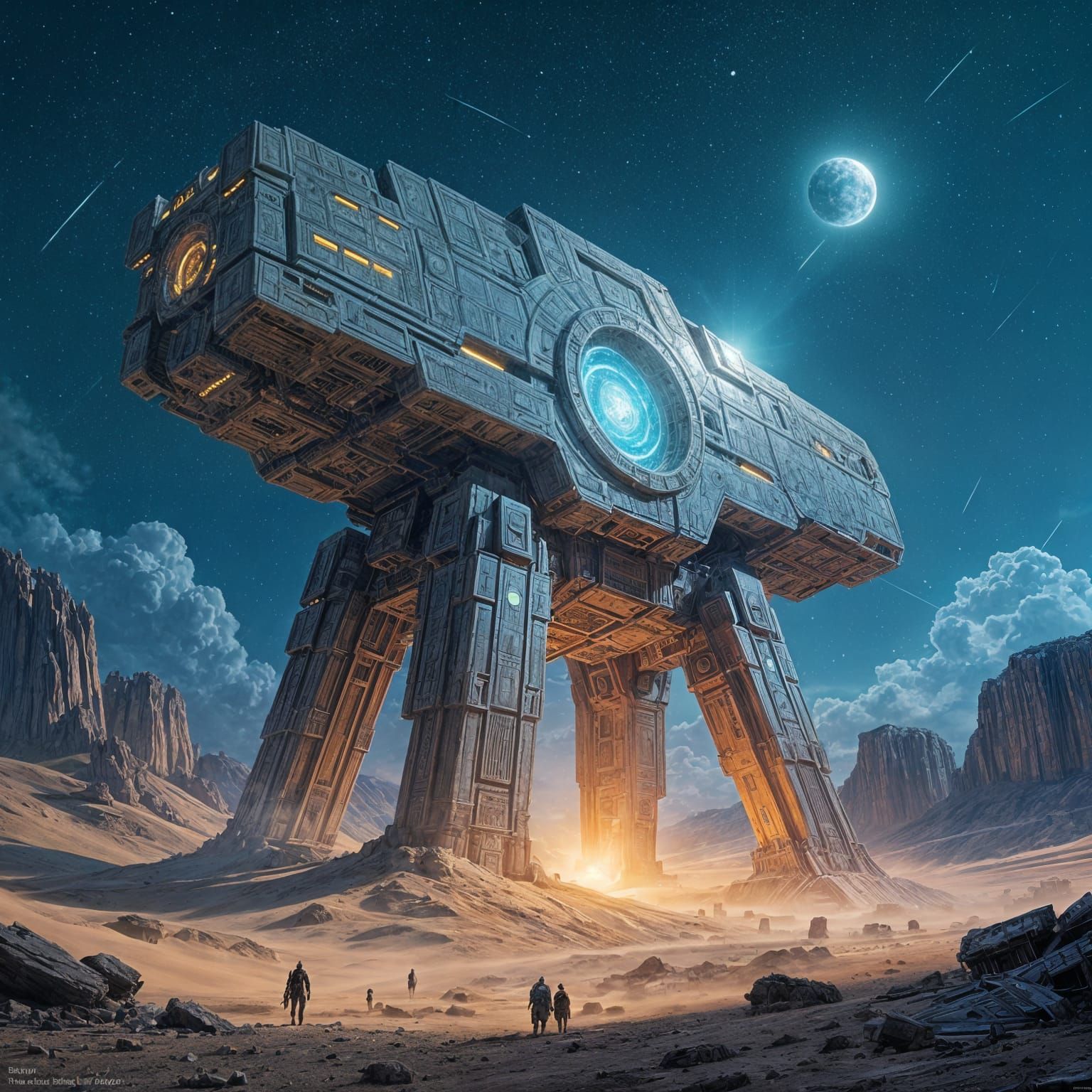 Ancient Tech Construct in Starlit Desert, Epic Fantasy Art