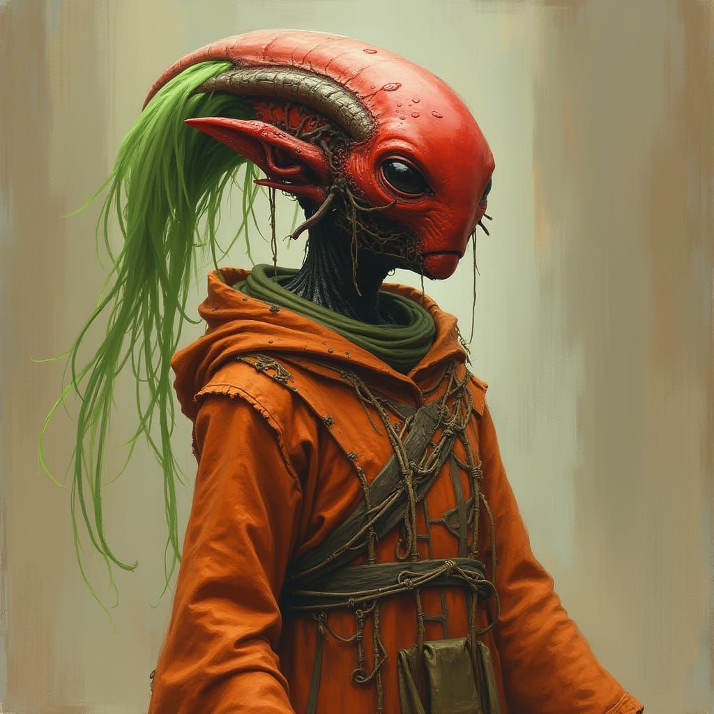 Red Alien with Green Hair in Biomechanical Art