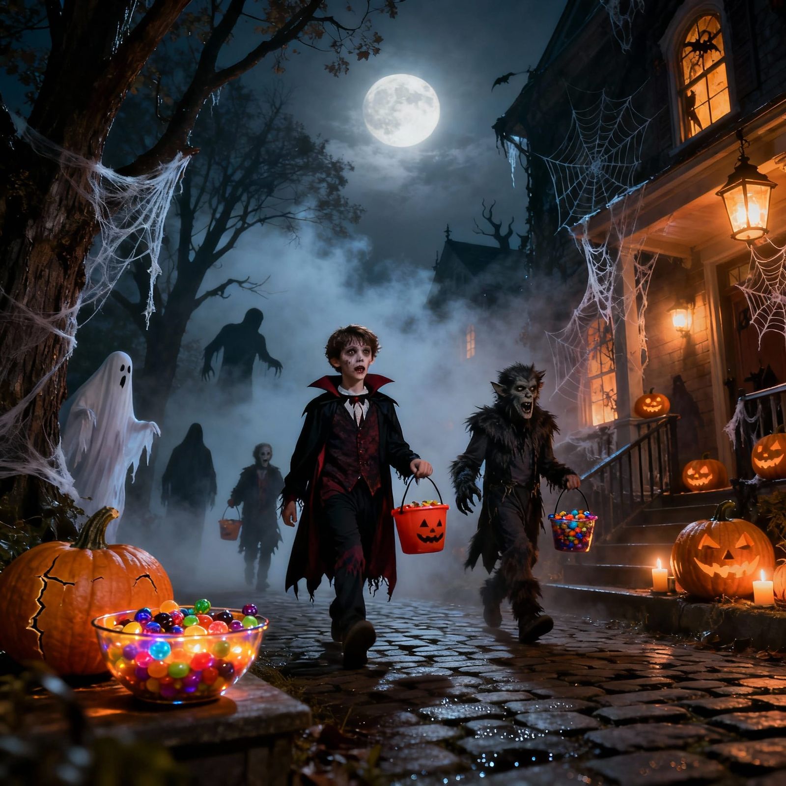 Spooky Halloween Night in Foggy Small Town