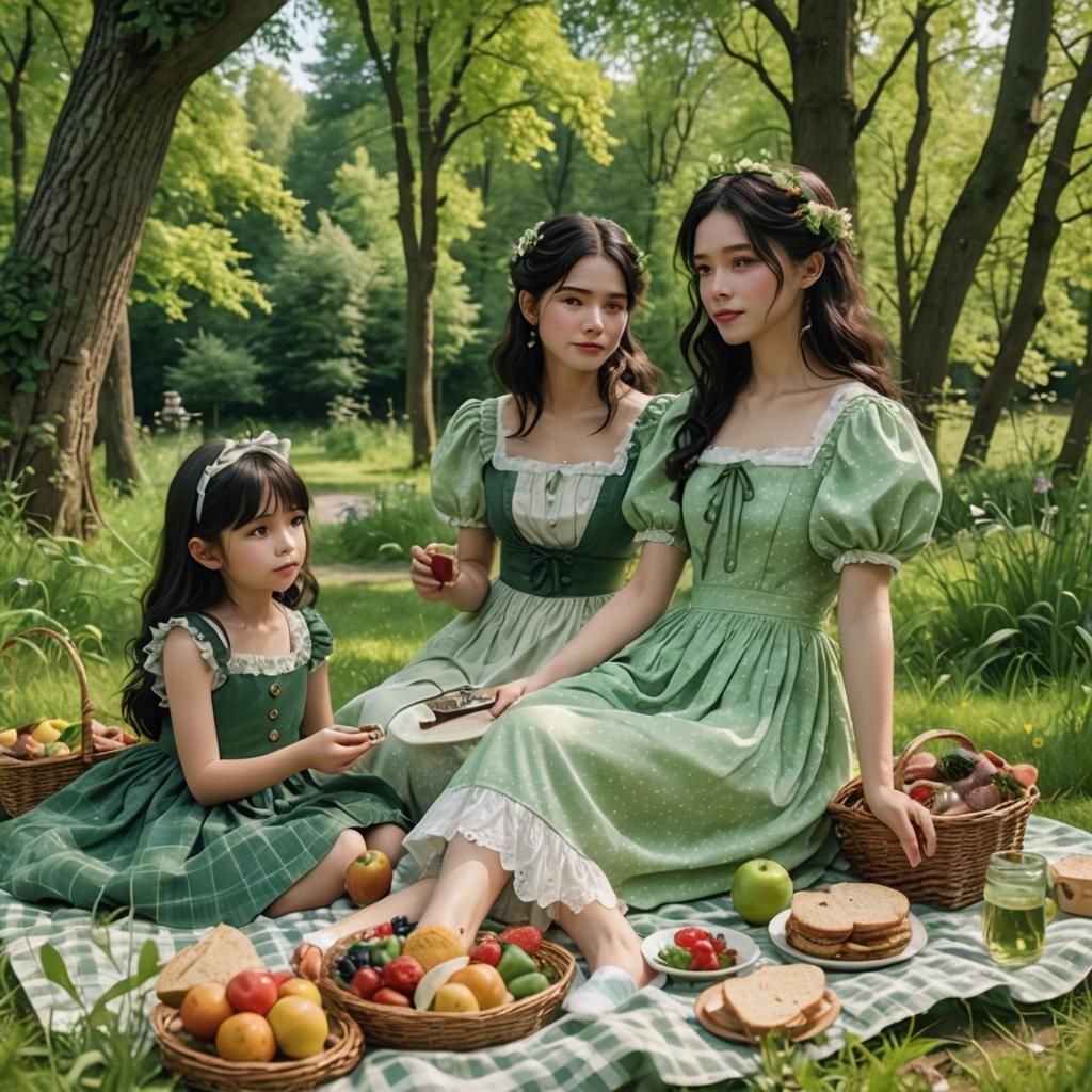 Girls in Cottagecore Dresses Enjoying a Picnic