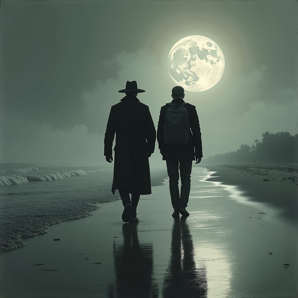 Men Walking on Moonlit Beach in Surreal Style