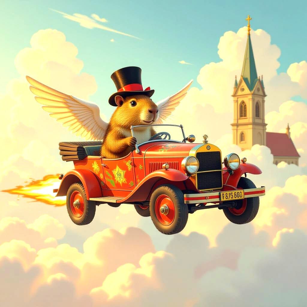 Capybara in Flying Car Soaring Through Clouds
